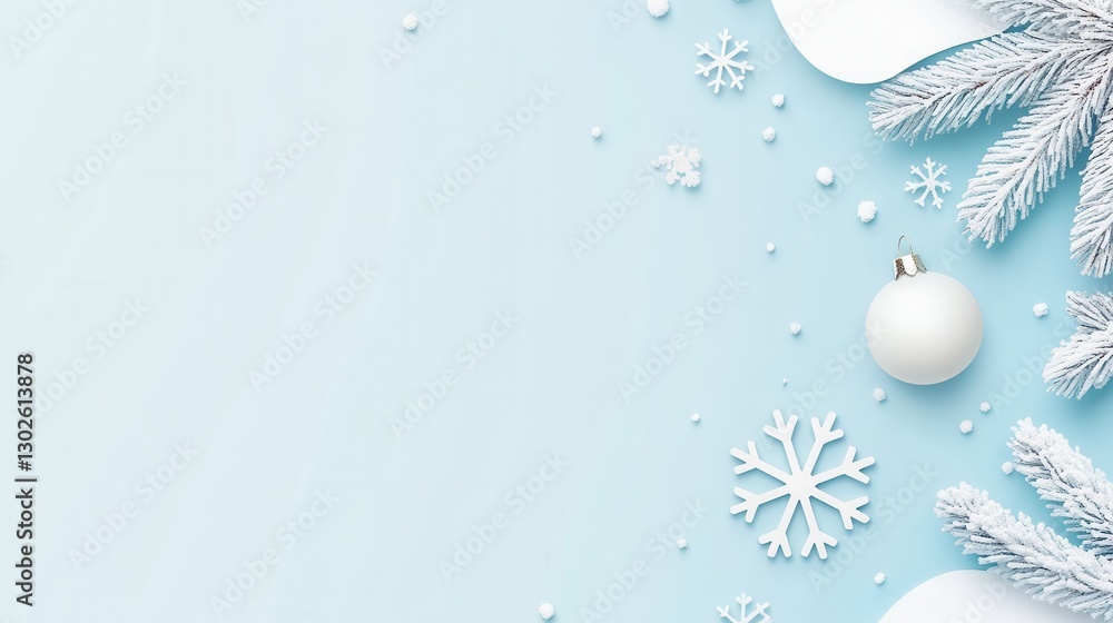 Fototapeta premium Winter holiday background with snowflakes and fir branches on light blue.