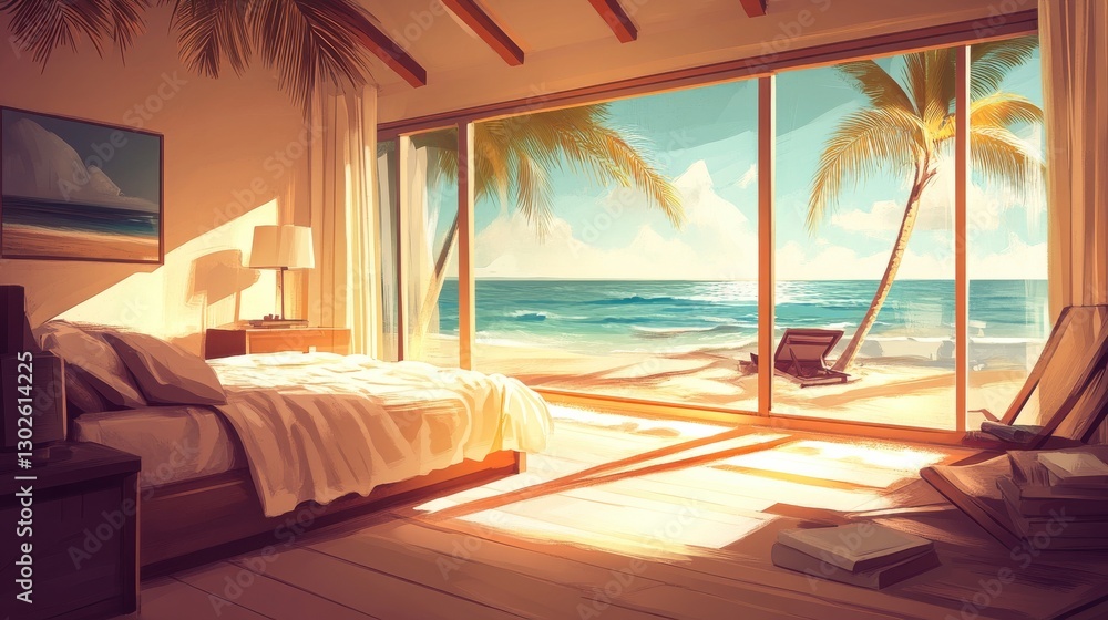 Fototapeta premium Serene Beachfront View from Stylish Bedroom with Sunlit Decor