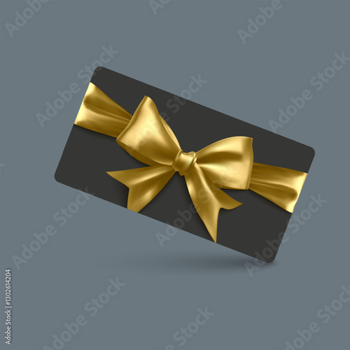 Golden voucher or gift card, gold certificate for discount. Set of isolated template for present coupon with ribbon and bow. Vector illustration