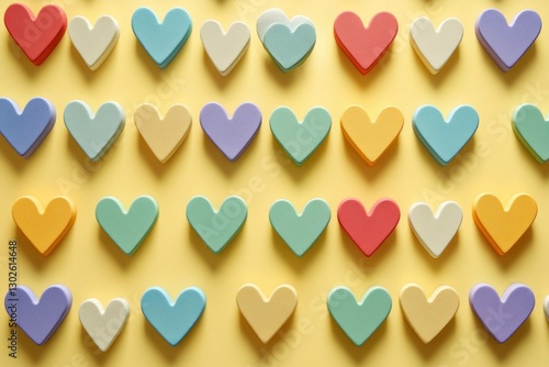Colorful heart shapes arranged on a yellow background, creating a vibrant and cheerful pattern ideal for celebrations and romantic themes