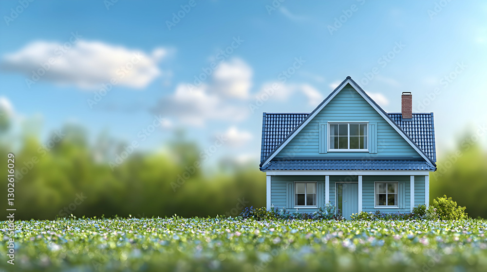 Blue House in a Flower Field Blue House in a Flower Field