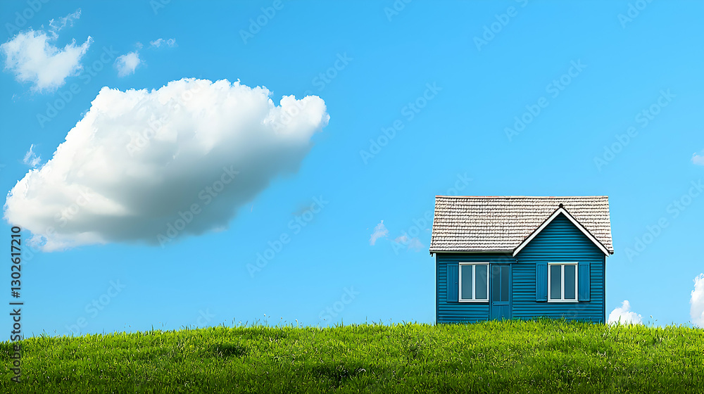 Blue House on a Green Hill Under a Blue Sky with Fluffy White Clouds Blue House on a Green Hill Under a Blue Sky with Fluffy White Clouds