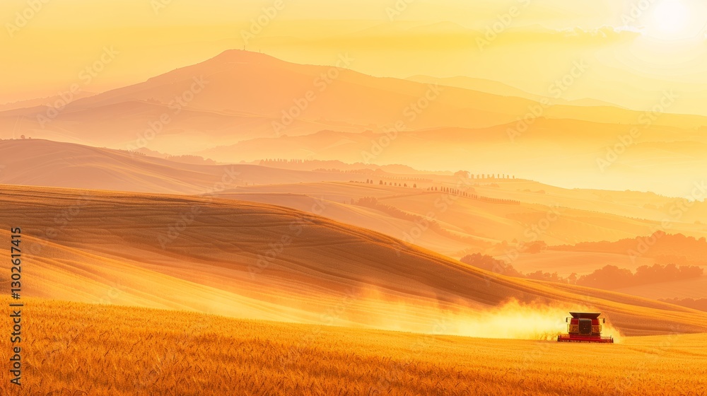 Obraz premium Golden sunset over wheat harvesting combine harvester in summer agricultural landscape