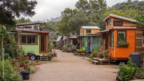 A tiny home village with multiple small houses, each designed uniquely, promoting a sustainable and community-driven lifestyle.