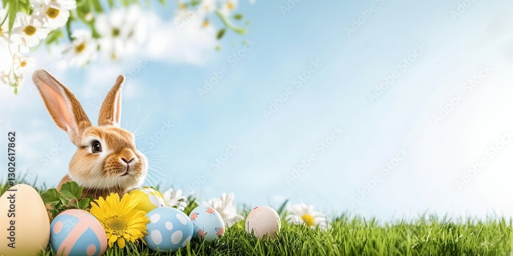 Fototapeta premium Rabbit with colorful easter eggs and flowers in spring field.