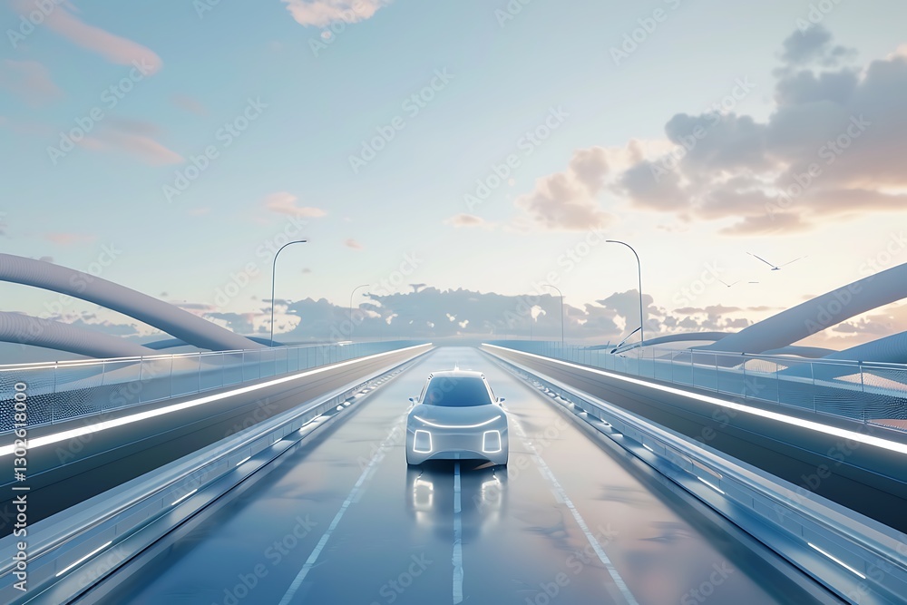 Obraz premium Futuristic Autonomous Vehicle on a Modern Highway at Sunrise