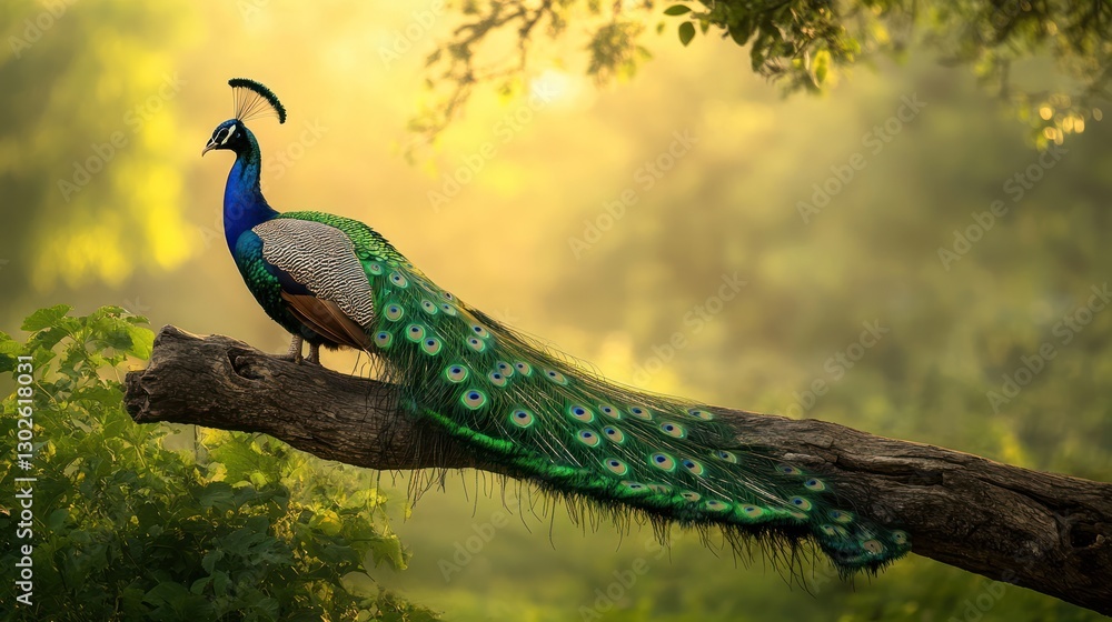 Obraz premium Majestic peacock perched on a tree branch in a sunlit forest. (1)