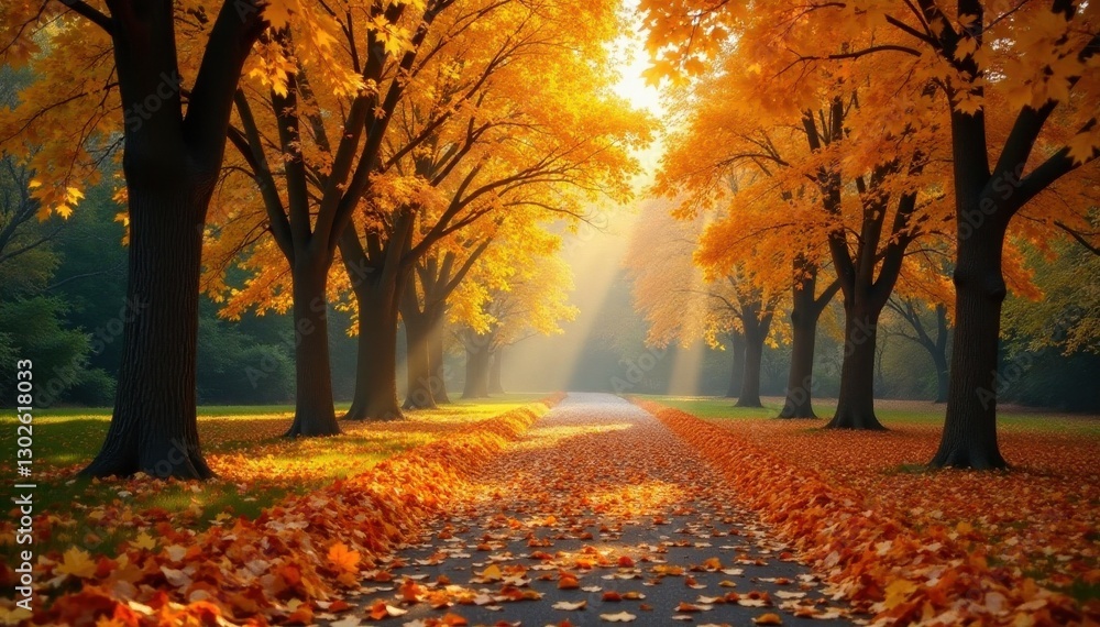 Fototapeta premium Golden leaves blanket park paths, vibrant trees , colorful, landscape, carpet