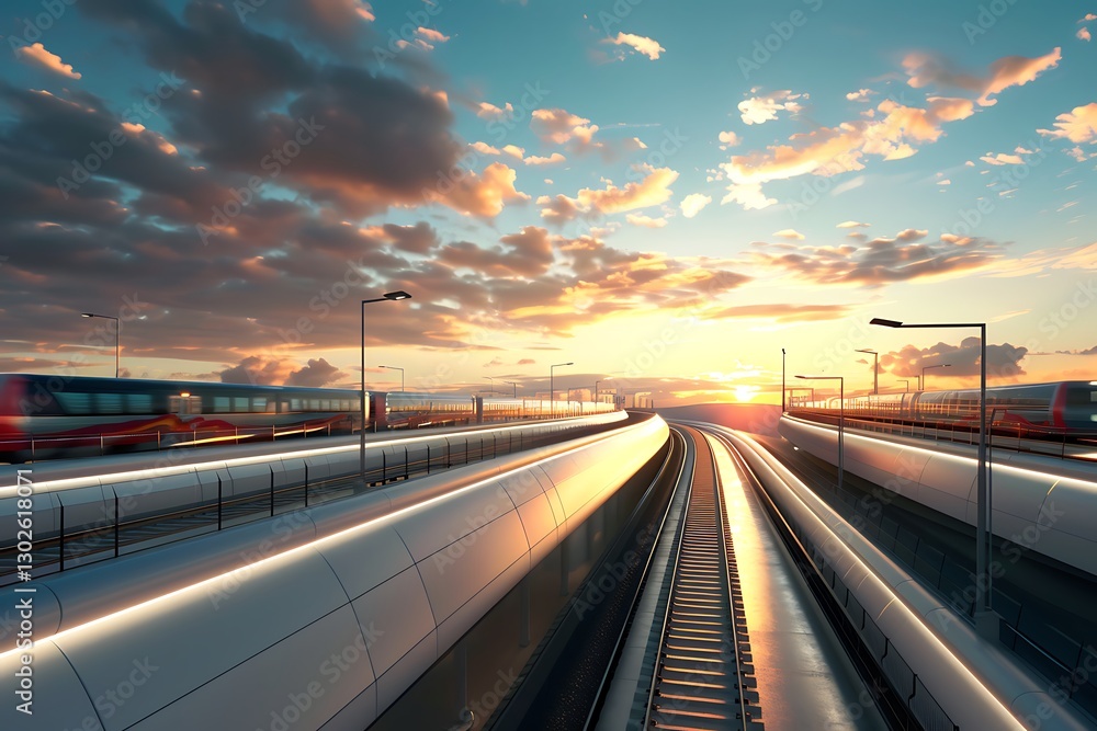 Obraz premium Sunset View of Train Tracks with Beautiful Cloudy Sky in Background