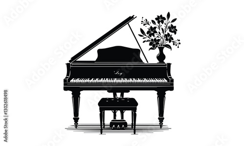Black silhouette of a grand piano isolated on a white background, Black Silhouette, Grand Piano, White Background, Isolated, Musical Instrument, Classical, Elegant, Vector Illustration, Monochrome.