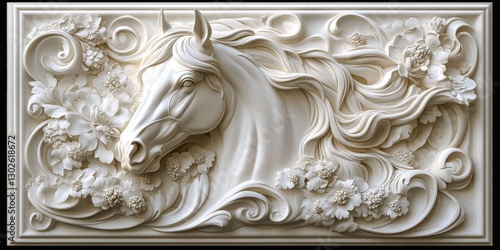A beautifully crafted relief sculpture of a horse's head, intricately detailed with flowing mane and floral accents, showcasing artistic elegance.