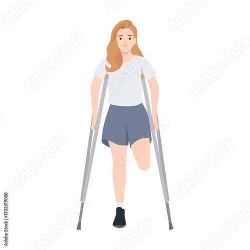 Woman with long hair and a calm expression uses crutches to support herself after a leg amputation. Flat vector illustration isolated on white background