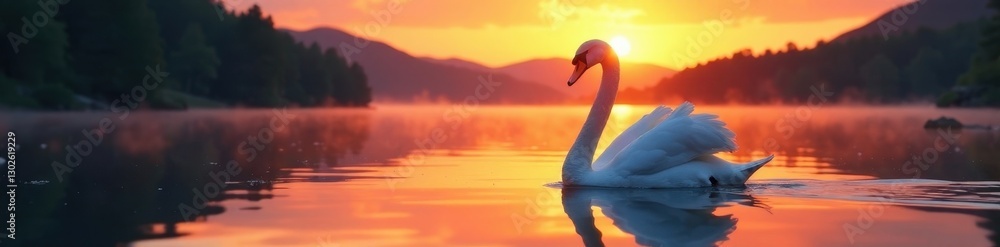 Fototapeta premium Majestic swan on glassy lake, vibrant sunset hues , reflection, evening