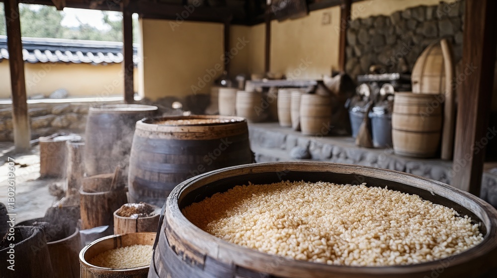 Korean brewery where fermentation takes place for making makgeolli, a rice wine enjoyed in ancient rituals Korean brewery where fermentation takes place for making makgeolli, a rice wine enjoyed in ancient rituals