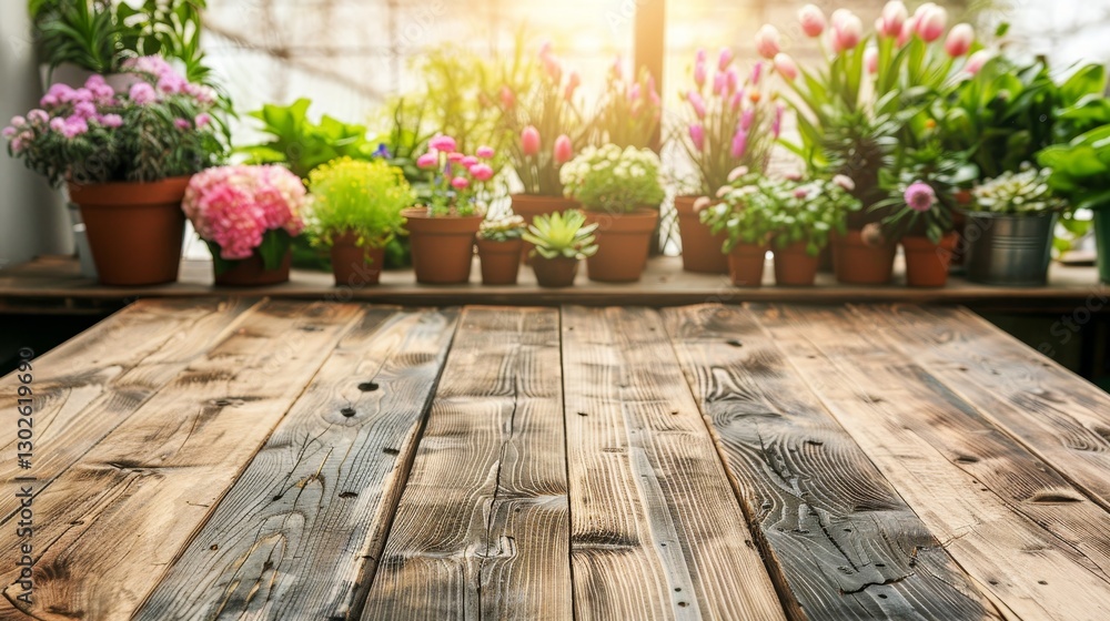 Wooden table surface showcasing blurred greenery and fresh vegetables in a greenhouse setting Wooden table surface showcasing blurred greenery and fresh vegetables in a greenhouse setting