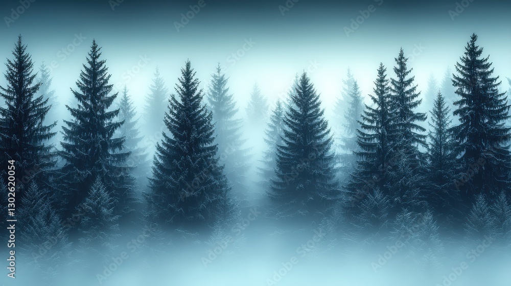 Obraz premium Dense mist envelops a tranquil forest during early morning, showcasing tall evergreen trees and serene atmosphere