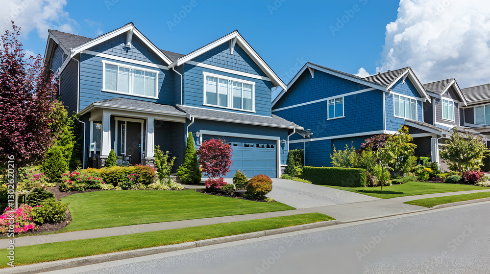 Blue Houses on a Sunny Suburban Street Blue Houses on a Sunny Suburban Street