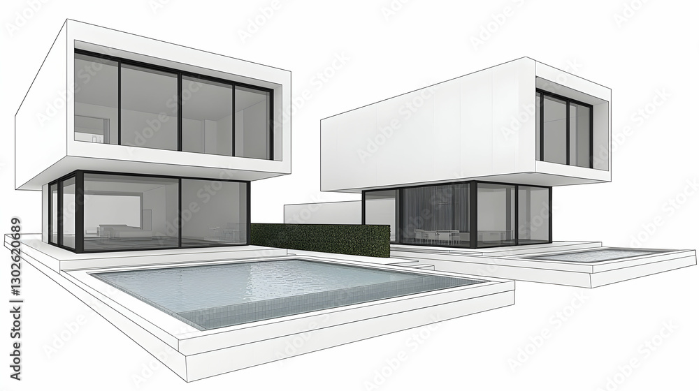 Modern White Geometric House with Pool and Landscaping Modern White Geometric House with Pool and Landscaping