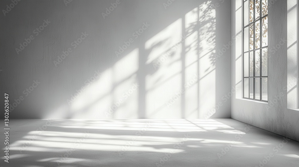 Fototapeta premium Sunlight creates a serene atmosphere in an empty room with large windows and soft shadows during the afternoon