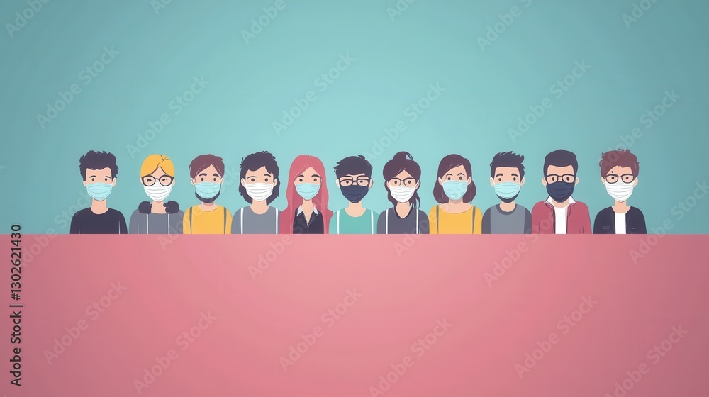 Obraz premium Diverse group of people wearing masks for safety illustration.