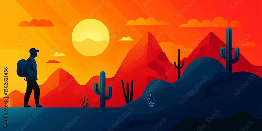 Naklejka premium hiker explores vibrant desert landscape under setting sun, surrounded by cacti and mountains, evoking sense of adventure and tranquility
