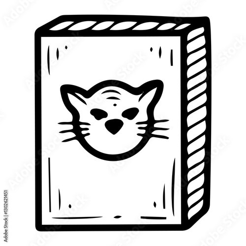 Dry cat food box. Hand drawn doodle. Balanced nutrition. Pet care. Packaging. Container. Feeding a hungry animal. Face. Vector line art illustration.