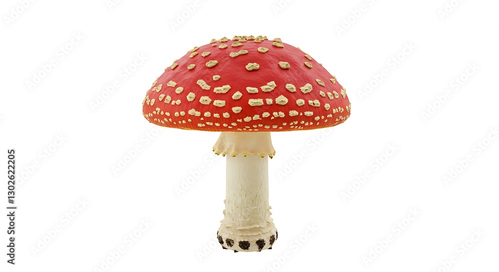 Obraz premium A single red-capped Amanita muscaria mushroom on a white background, highly detailed