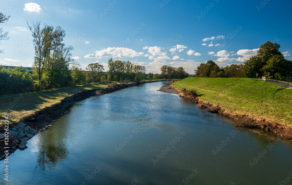 Olse river from Most Sokolovskych hrdinu bridge in Karvina city in Czech republic