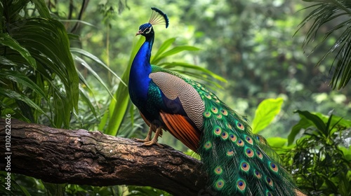 Wallpaper Mural Majestic peacock perched on a tree branch in lush greenery. Torontodigital.ca