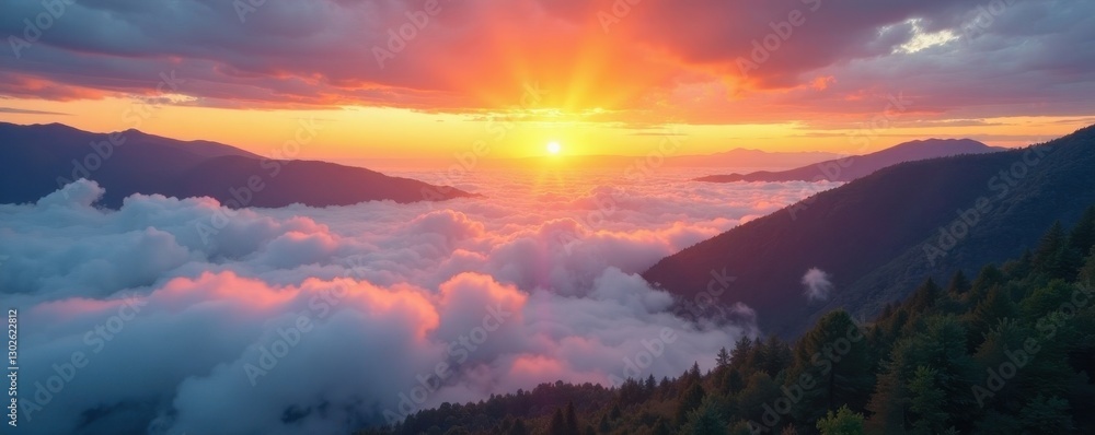 Sunrise paints golden light on a cloud inversion layer, viewed from above a Lake District lake , clouds, hills Sunrise paints golden light on a cloud inversion layer, viewed from above a Lake District lake , clouds, hills
