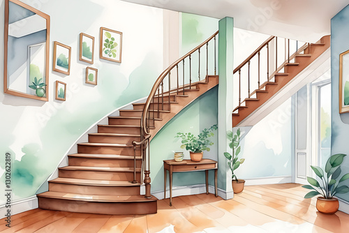 Watercolor Staircase in Hallway with Potted Plants and Decorative Wall Art