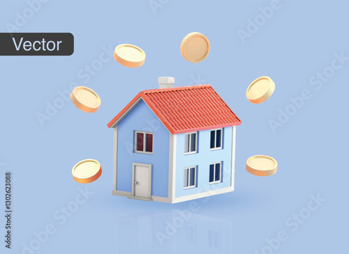 3D vector house with floating coins, representing property investment and financial growth. Symbolizes home ownership, mortgage, and real estate concepts in a fun and vibrant design