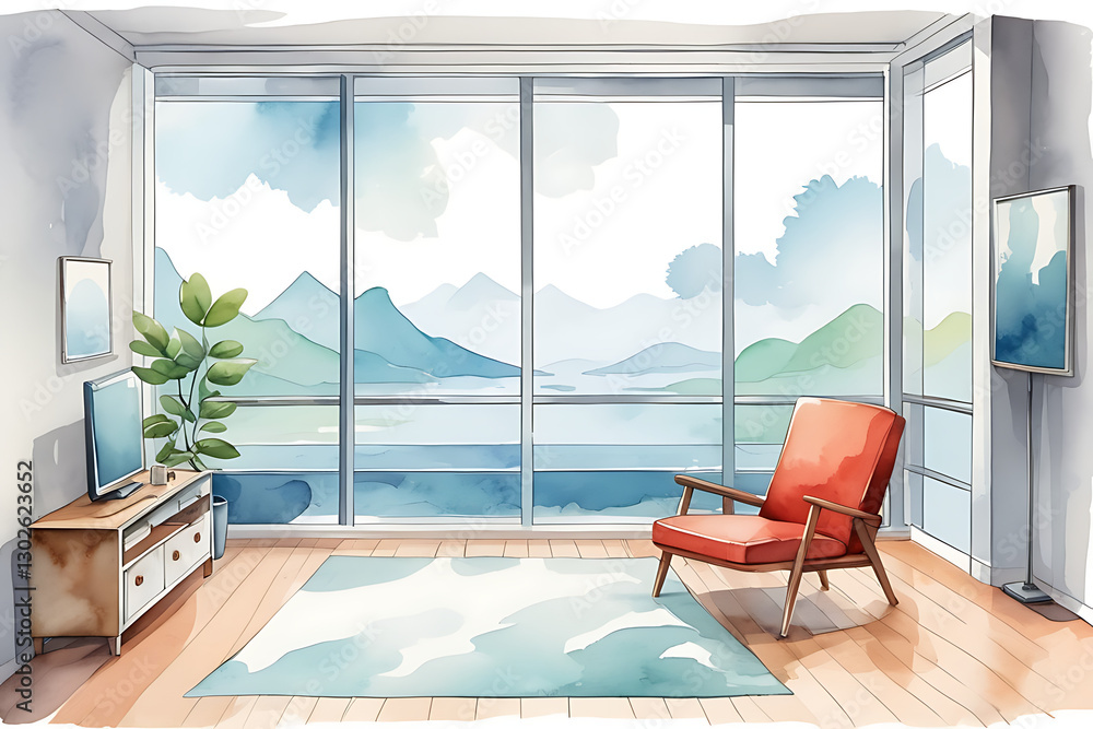Fototapeta premium Watercolor Living Room Interior with Lake View and Modern Furniture