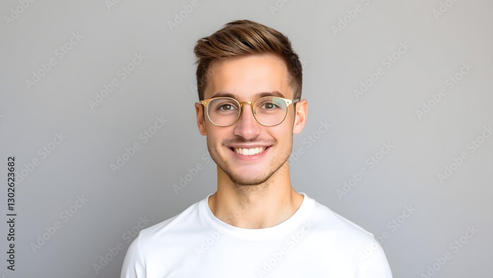 a smiling young man with glasses against a gray background a smiling young man with glasses against a gray background