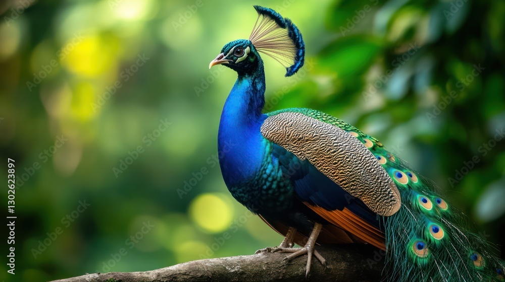 Obraz premium Majestic peacock perched on a branch, showcasing vibrant plumage in a lush green forest.