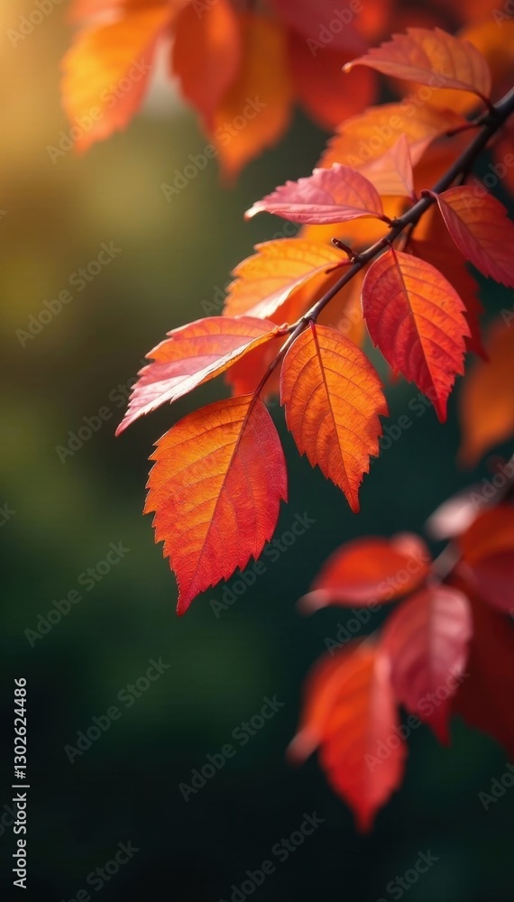 Vibrant red, orange, yellow leaves on a bare branch , painting, isolated Vibrant red, orange, yellow leaves on a bare branch , painting, isolated