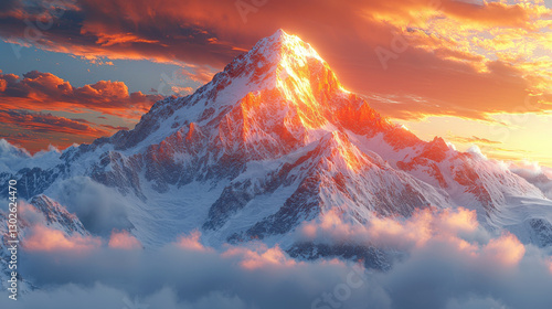Majestic snowy mountain peaks illuminated by sunset, surrounded by clouds