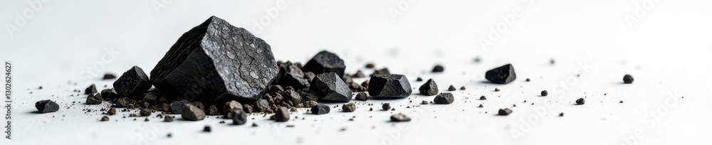 Dark mineral wolframite scattered on white background, with tiny crystals and metallic sheen, earthy tones, rare minerals Dark mineral wolframite scattered on white background, with tiny crystals and metallic sheen, earthy tones, rare minerals