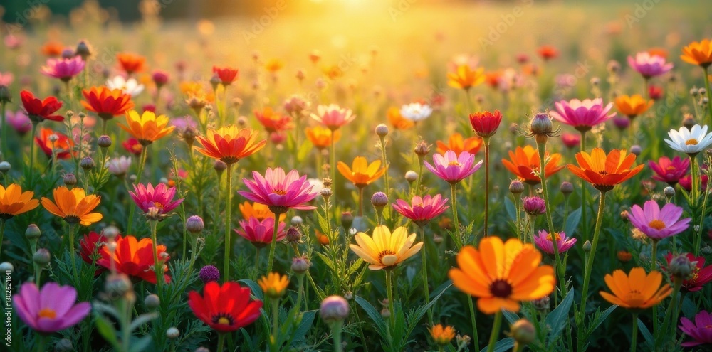 Wildflower explosion from above, summer heat haze, haze, landscape Wildflower explosion from above, summer heat haze, haze, landscape