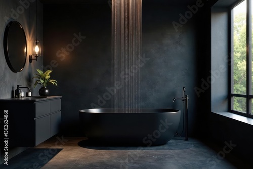 Dark space with oval tub and rainfall showerhead, elegance, black, bathroom