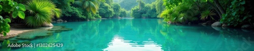 Peaceful lagoon with gentle ripples and surrounding lush vegetation, scenery, water