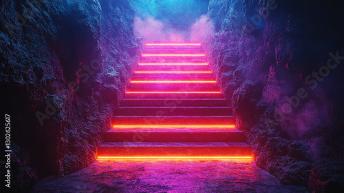 Neon lit stairs leading upward through misty cave, creating surreal atmosphere