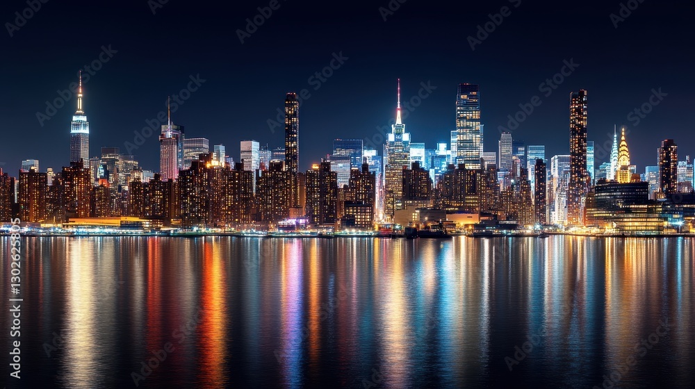 Stunning Night Skyline View of a Major City with Reflections on Water Surface Stunning Night Skyline View of a Major City with Reflections on Water Surface