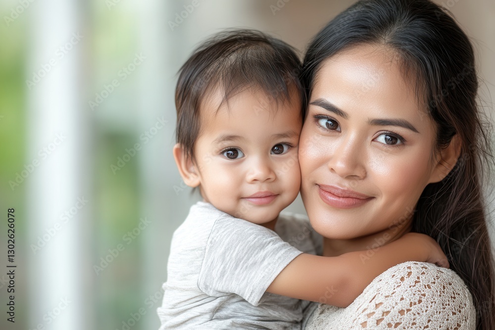 Asian young adult female with child embracing indoors. Asian young adult female with child embracing indoors.