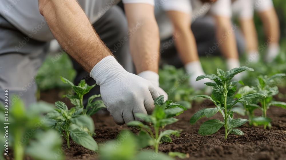 Fototapeta premium Farmers caring for young plants in garden with gloves
