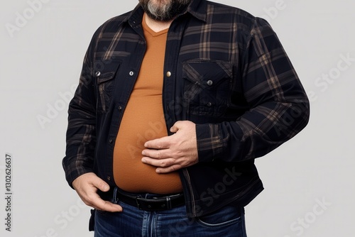 Caucasian adult male with beard wearing plaid shirt and jeans holding stomach. photo