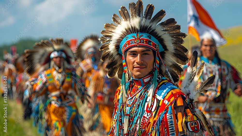 Obraz premium Vibrant Native American Powwow with Dancers in Colorful Regalia Carrying Flags and Eagle Staffs