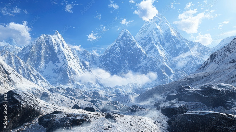 Obraz premium An icy mountain landscape with towering glaciers and crisp blue skies, offering a cool retreat.