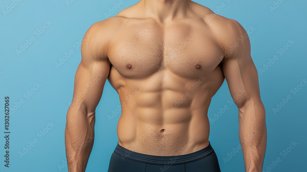 Fototapeta premium Fit young caucasian male with muscular torso against blue background