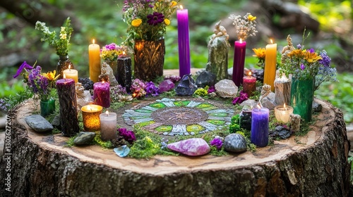 A Wiccan altar set for the Wheel of the Year ritual, complete with candles, crystals, and offerings symbolizing the turning of the seasons.